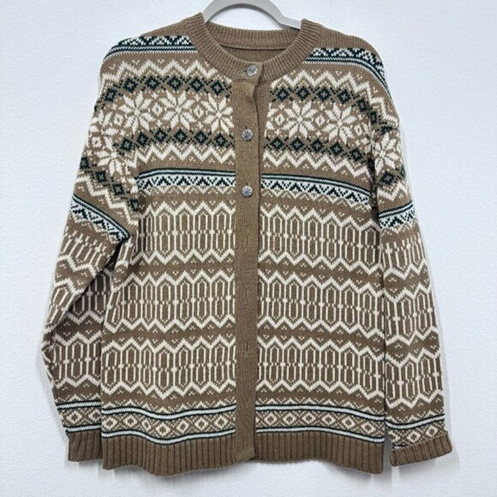 Fair Isle Button Front Cardigan Tan Cream Green Cabincore Apres Ski Size XL